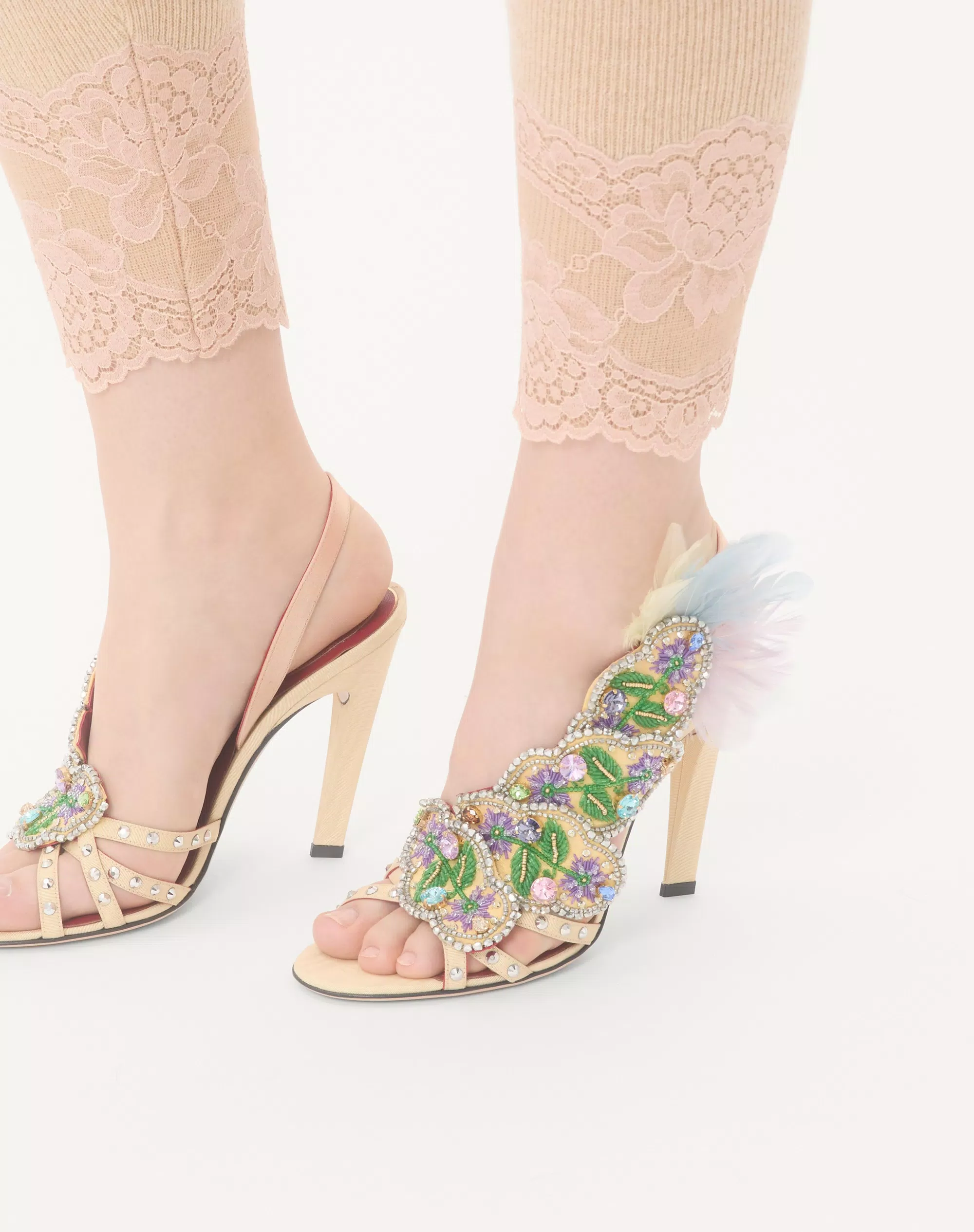 Valentino Dans Le Foyer Sandal In Moiré Fabric With Floral Embroidery And Feathers 105Mm - Image 7
